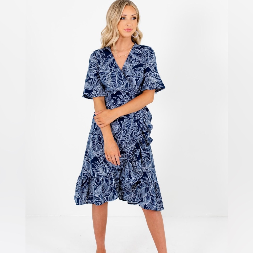 Lara Fashion Perfect Palms Navy Knee-Length Wrap Dress Small Navy